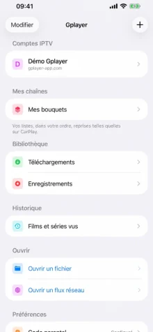 Gplayer sur iPhone : sources personnelles, bibliothèque et historique