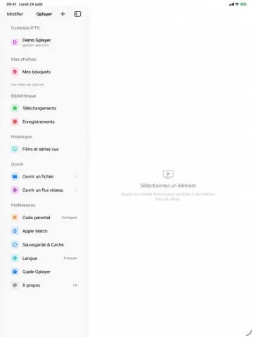 Gplayer sur iPad avec sa navigation latérale et sa bibliothèque