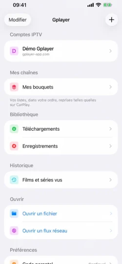 Écran d’accueil de Gplayer sur iPhone